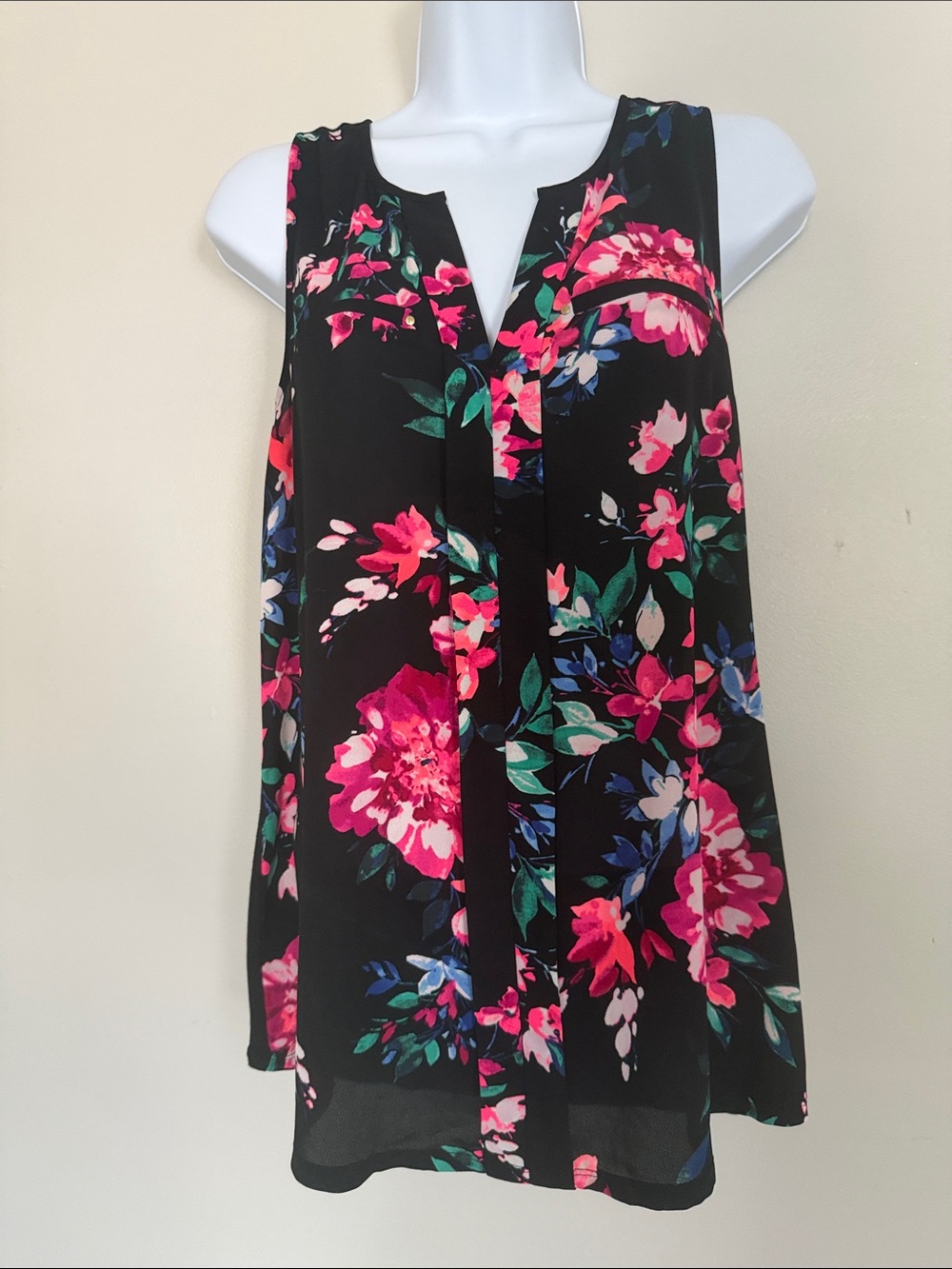 Express Black Floral V-Neck Sleeveless Camisole with Pink & Green Print